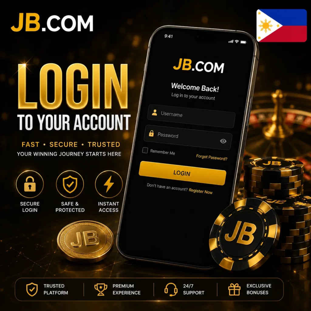 JB Casino login screen with official JB.COM logo and Philippines flag.