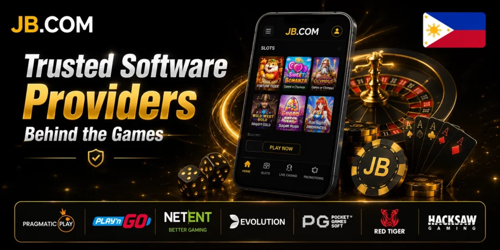 JB Casino trusted software providers with official JB.COM logo and Philippines flag.