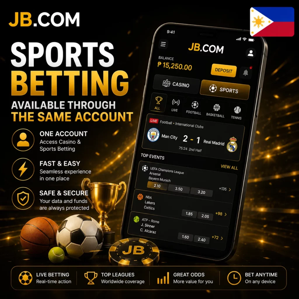 JB Casino sports betting with official JB.COM logo and Philippines flag.